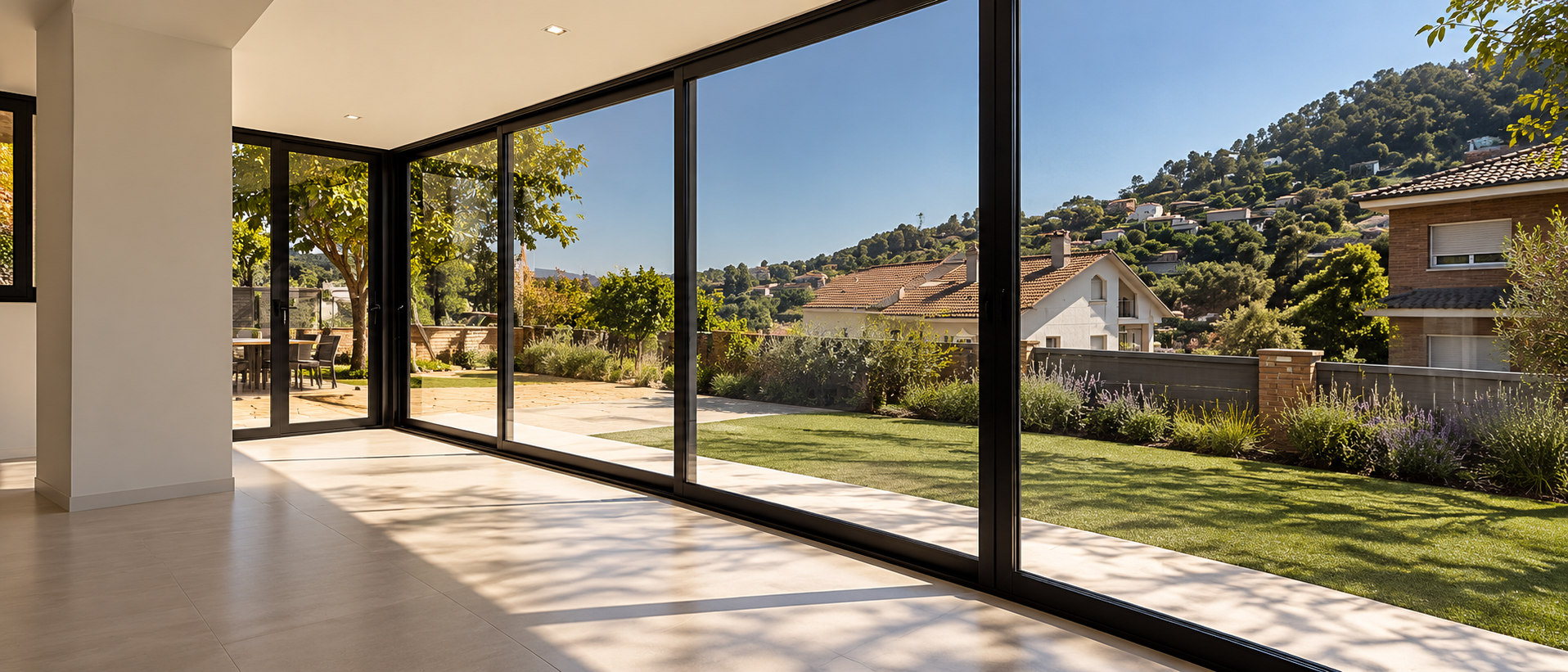 Visualización arquitectónica de un salón luminoso con grandes ventanales panorámicos y jardín